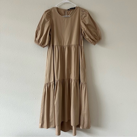 BLOGGERS FAVE Zara Asymmetric Puff Sleeves Tiered Poplin Midi Dress SZ Small - Picture 3 of 16